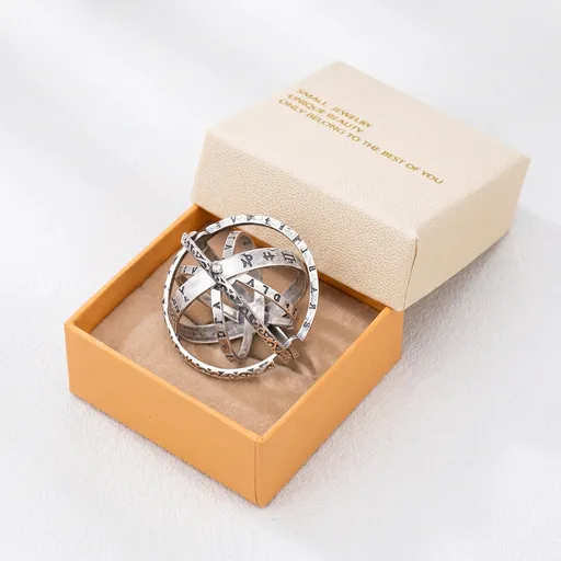 Silvery US 7 Transformable Astronomical Sphere Ring - Alloy - 2-in-1 Ring and Pendant Design, Rotating Globe Structure, Retro Cosmic Style, Unisex Fashion Accessory
