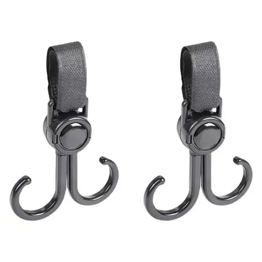 4 Pack Rotating Stroller Hooks with Velcro Straps, Universal Bag Hangers for Prams, Wheelchairs, Shopping and Travel, Black