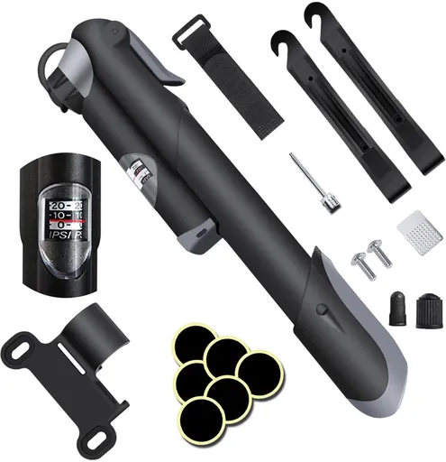 Hand pump - Bicycle pump with pressure gauge - Mini portable bicycle pump - Mini bicycle pump for all bicycles - Balloon pump with needle - Glue-free repair kit - Suitable for Presta and Schrader valves - Black