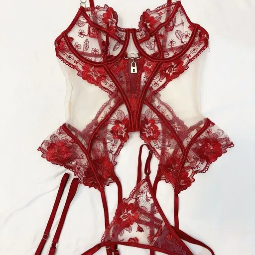 House Of Dasein Sexy Bra Set Transparent Mesh Splicing Lace Lingerie Underwear Three-Piece Suit - Wine Red - L