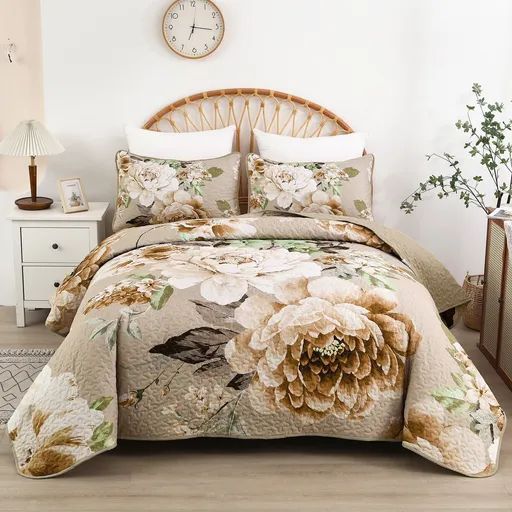 Beige Taupe Grand Floral Bedspread Coverlet 3 Piece Set