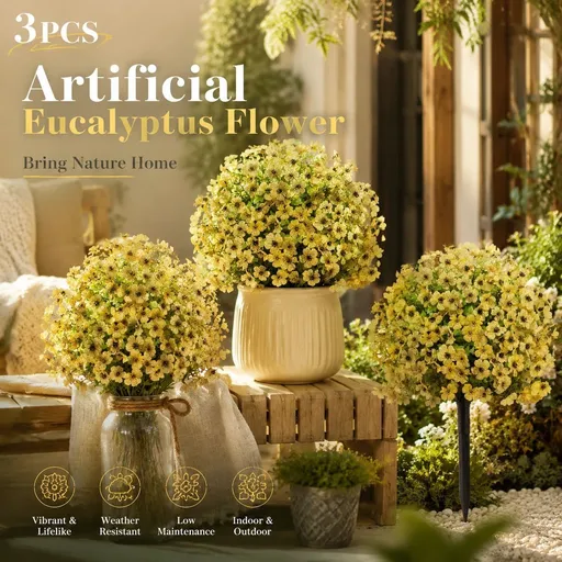 Soft Yellow Faux Eucalyptus Violet 3 Pack Outdoor Stake Interior Shooting Flower