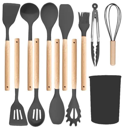 Silicone Kitchen Utensils 12‑Piece Set Dark Grey,Multi‑Function Spatula Soup Spoon for Non‑Stick Cookware,Home Kitchen Accessory,Christmas Halloween Holiday Present for Kitchen Lovers