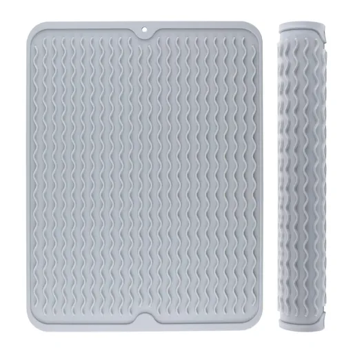 Silicon Dish Drying Mat, Heat Resistant Drying Mat for Kitchen Counter, Sink, Large Kitchen Drying Mat (12" x 16", GREY)
