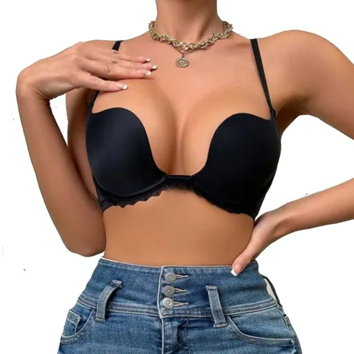 House Of Dasein Invisible Backless Deep V Sexy Seamless Push-Up Mango Cup U-Shape Beautiful Bra Wedding Dress Halter - Black - 85C