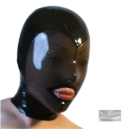 House Of Dasein Fetish Mask With Back Zip Transparent Black Face Hood Latex - Silver