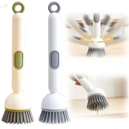 Adjustable Cleaning Brush with Liquid Dispenser, 6-Level Adjustable Handle & Refillable PET Scrub Head, Smooth Soap Dispensing, Scratch-Free for Kitchen