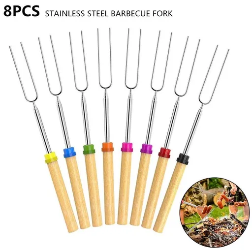 Skewers Set 8 Piece Extendable Forks 32 Inch Wooden Handle for Campfire BBQ Grilling Sausage Hot Dog Cooking Tools