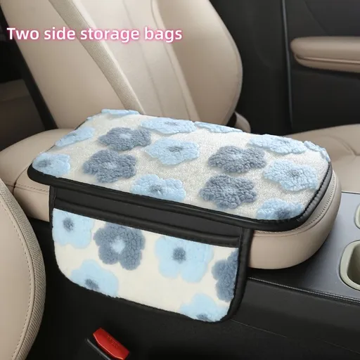 Plush Car Center Armrest Box Cushion, with Storage Bags on Both Sides, Can Store Receipts, Credit Cards, Bills, Warm Hands in Autumn And Winter, Car Interior Additions Double storage bags Blue