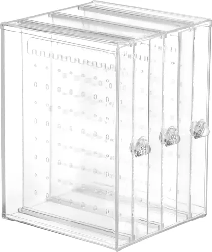 Clear Acrylic Jewelry Storage Box - Earring Display Stand Holder with 3 Vertical Slide-Out Drawers, 216 Earring Holes & 36 Necklace Grooves