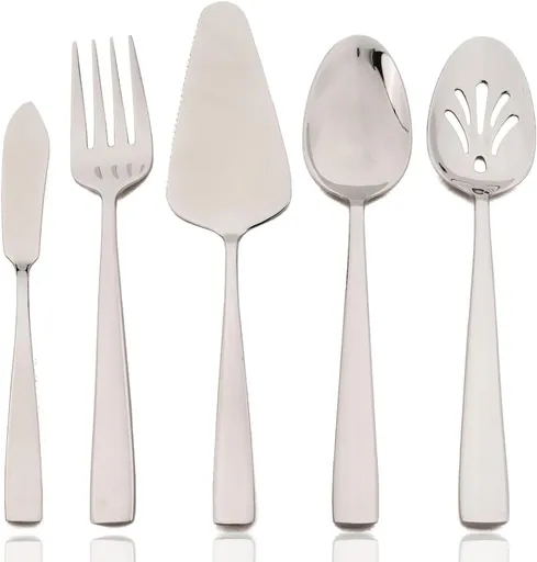 5-Piece Glossy Handle Silverware Hostess Set Stainless Steel Flatware Serving Set for Buffet Party Home Restaurant Mirror Polished Dishwasher Safe