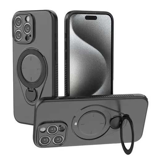 Magnetic Shockproof Case 360-Degree Rotating Ring Stand for iPhone 16 Pro Slim Protective Phone Cover Black