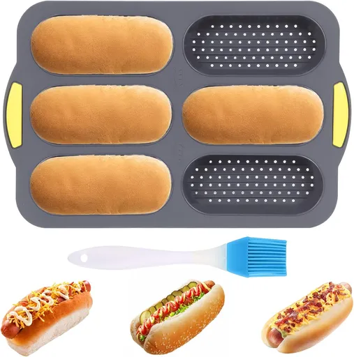 Silicone Baguette Pan, Hot Dog Bun Pan with Oil Brush, 6 Gutter Nonstick French Bread Bake Mold, French Bread Loaf Pan for Hot Dog Bun Rolls Cake, Heat Resistant, Dishwasher Safe (Gray)
