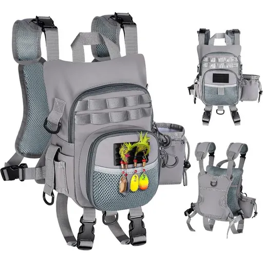 Lightweight Waterproof Fly Fishing Chest Pack with Multi-Pocket Storage and Quick-Access Design for Outdoor Stream Trout Angling and Wade Fishing Adventures (Grey)