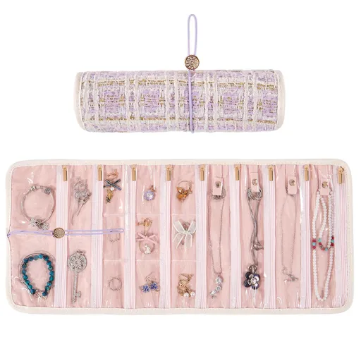 Travel Jewelry Organizer Roll with Zippered Pockets | Tangle-Free Portable Jewelry Storage Bag for Women | Holder for Necklaces, Earrings, Rings, Bracelets(purple)