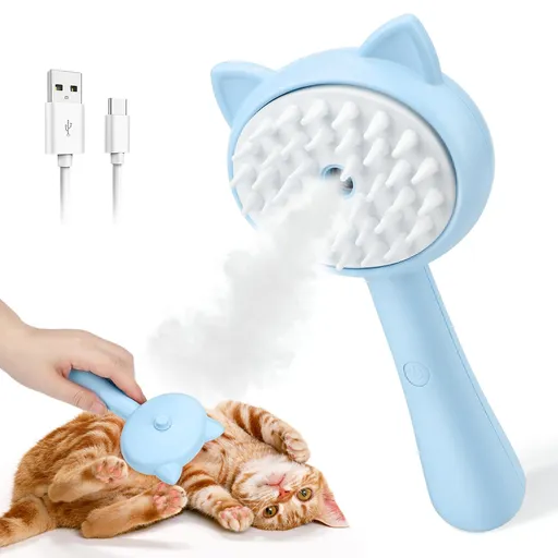 3 In1 Steamy Cat Brush for Shedding, Cat Steamer Brush for Massage, Pet Hair Removal Tool Comb for Cats and Dogs, Blue