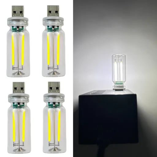 4 PCS Car USB Lights, Plug-in Retro Car Atmosphere Lamp with Touch Dimmable, Portable Mini Glass Bottle LED Bulb Night Lights for Vehicle Bedroom Hallway Camping Holiday Decoration (white)