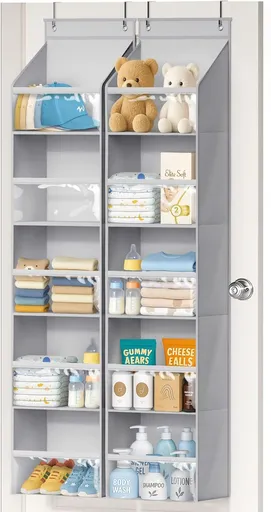 2 Pack Over the Door Organizer, Large Capacity Closet Door Hanging Organizer, Clear Deep Pockets Baby Organizer Storage for Nursery, Bathroom, Bedroom, Pantry, Diapers (Grey)