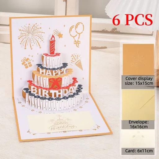 6-Pack - Classic Color Clashes Cake 3D Pop-Up Birthday Cards, Papercut Foldable Greeting Gift Cards - Gold