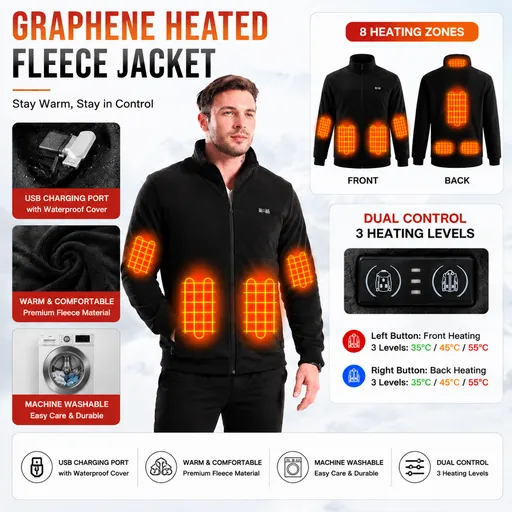5XL Size Winter USB Heated Windproof Soft Fleece Warm Jacket for Men and Women – 8 Zones Graphene & Carbon Fiber Fast Heating Coat with Front & Back Dual-Control Button and 3 Level Heating, Washable Design, Muti Pockets, Ribbed Cuff & Stand Collar