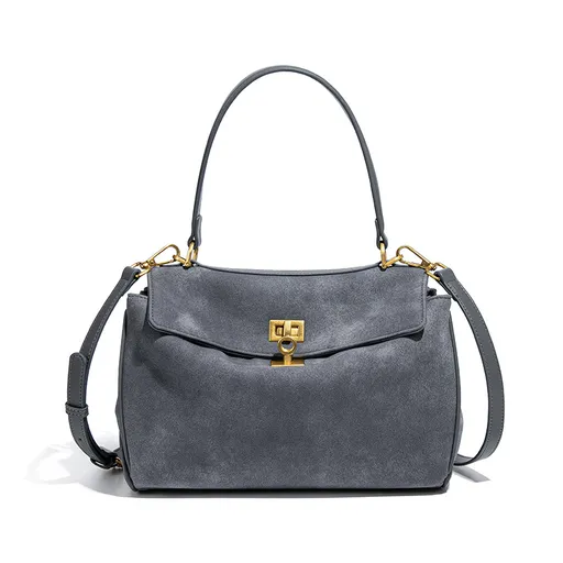 Grey Women's Vintage Suede Satchel Bag - Elegant Top Handle Purse with Gold Lock