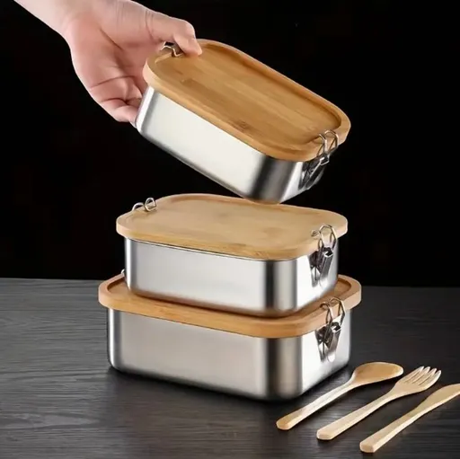 Stainless Steel Lunch Box With Bamboo Lid, Reusable Food Storage Container With Divider, For School Office Camping, 850 ml
