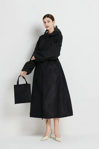 Size M Black Women's Chic Lightweight Waterproof Raincoat - Long Hooded Packable Rain Jacket with Pouch