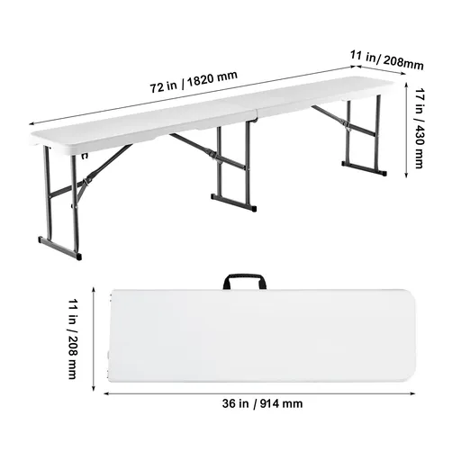 Plastic Folding Bench, 6 ft Portable Bench for Indoor/Outdoor Picnic Party Patio Camping Dining, Foldable Smooth HDPE Seat for Garden Soccer Multipurpose Entertaining Activities, 2 Pack, White