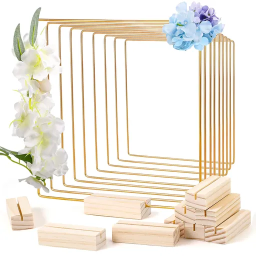 10 PCS 8 Inch Square Metal Floral Hoop Centerpiece for Table with Wooden Place Holders, Gold Wreath Hoop Macrame for DIY Wedding