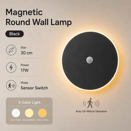 Magnetic Round LED Wall Lamp, Hardwired, Black 30cm, Motion Sensor, 3 Color Lighting, Modern Disc Wall Sconce