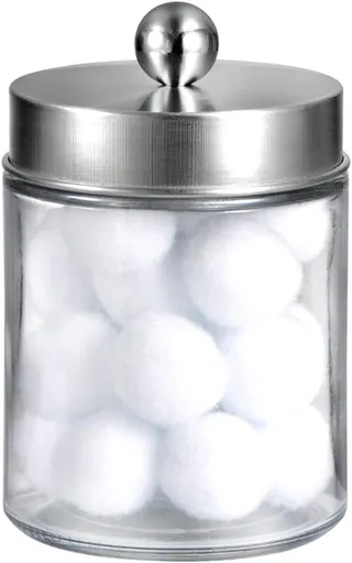 Apothecary Jars Bathroom Vanity Organizer -Countertop Canister Jar with Storage Lid - Qtip Dispenser Holder Glass for Qtips,Cott Swabs,Makeup Spges,Hair Band - Brushed Nickel (1 Pack)
