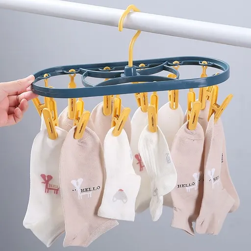 Foldable 12-Clips Laundry Hanger, Rotating Plastic Drying Rack with Hooks, Space-Saving Underwear Socks Dryer for Indoor Outdoor Use 12.4x5.1x7.4in, Yellow