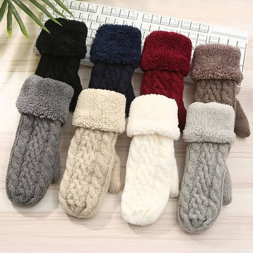 Women's Cozy Fleece Wool Knit Mittens, Grey, 10cm x 23cm
