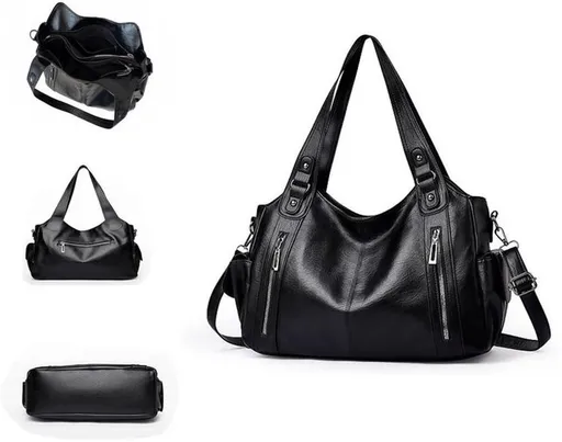 Women Vintage Shoulder Bag with Zipper, Large Capacity PU Leather Handbag for School Work Daily Use, Black