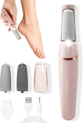 Electric Foot Care File with 2 Adjustable Speeds, 2 Interchangeable Grinding Heads, LED Light, USB-Rechargeable Design, Compact Handle, Safe for Routine Home Use (Pink)