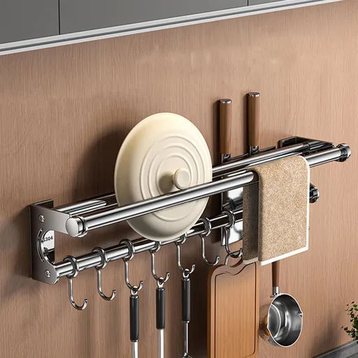 Kitchen Organization and Storage Rack, Wall Mounted Pots and Pans Rack, Stainless Steel Metal Wall Shelf with Hooks for Hanging Pots and Pans for Kitchen Bathroom Bedroom Pantry 40 * 9 * 9cm/15.75 * 3.54 * 3.54inch S_ilver
