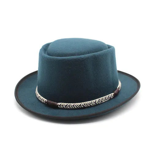 Peacock Blue Unisex Stylish Pure Woolen Short-Brimmed Fedora - Classic British Gentleman's Fedora with Curled Brim and Dimpled Top