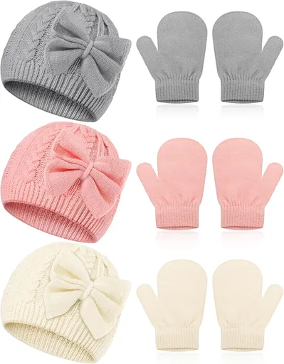3 Set Toddler Hat Glove Set, Kids Winter Hats Warm Knitted Beanie Mittens Gloves with Bow for Baby Girls Boys 0-6Y