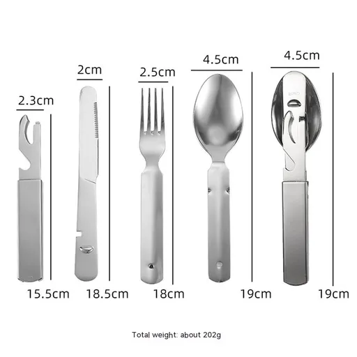 4-in-1 Camping Utensils Hiking Cutlery Set for 4, Portable Stainless Steel Flatware Spoon Fork, Knife & Bottle Opener Combo pack