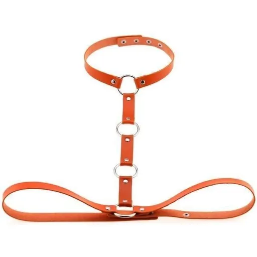 House Of Dasein Y Choker Faux Leather Chest Harness Women Body Fetish Clothing - Orange
