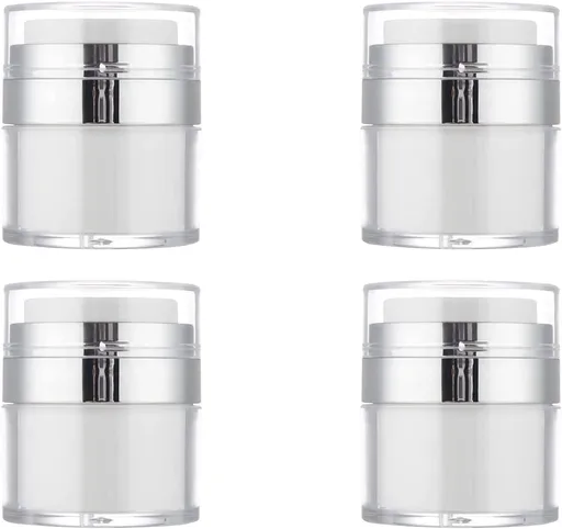 4Pack Empty Airless Pump Jar Portable Refillable Travel Size Cream Jar Vacuum Bottle Lotion Jar with Pump Lid for Skincare Cream, White, Vacuum with Lid Can Refill Cosmetics (100ml)