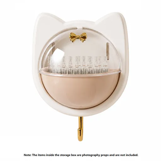 Beige Cat-shaped design Wall Mount Storage Box - Dustproof Transparent Lid with Internal Dividers and Bottom Hook, PP PET ABS Adhesive Organizer for Bathroom Vanity, Space Saving Skincare and Cotton Bud Holder