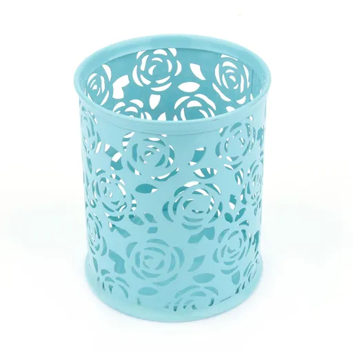 Office Desk Hollow Rose Flower Pattern Pen Pencil Pot Holder Container Organizer(Blue)