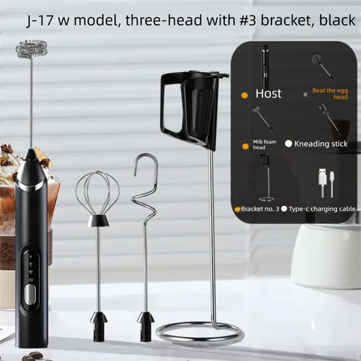 Rechargeable 3-in-1 Milk Frother Set with Metal Stand - Handheld Electric Whisk, Egg Beater & Mixing Hook - 3 Speed Foam Maker for Coffee, Lattes & Baking (Black)