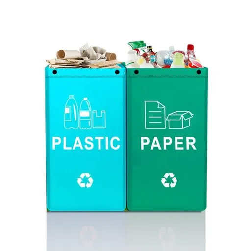 Collapsible Recycling Bags 40L, Waterproof Reusable Laminated Waste Sorting Bins with Carry Handles, Cyan Plastic & Dark Green Paper 2‑Pack for Home Indoor Kitchen Recycling