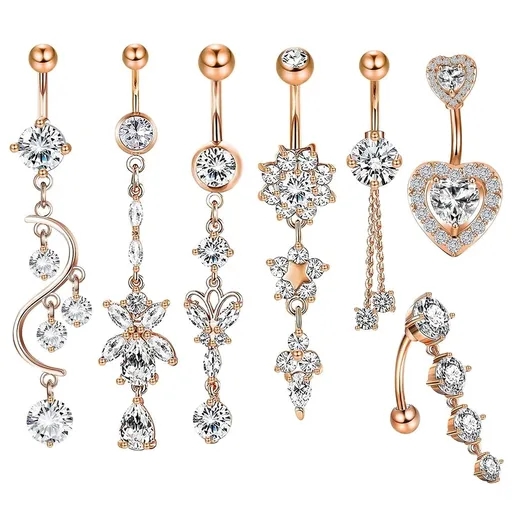 14G Belly Button Ring,Long Belly,Button Navel Rings,Piercing Jewelry,Rose Gold,7 Pcs