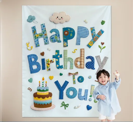 Blue Happy Birthday Backdrop Banner - Reusable Fabric Party Decoration with Colourful Lettering, Photo Background for Birthday, Celebration