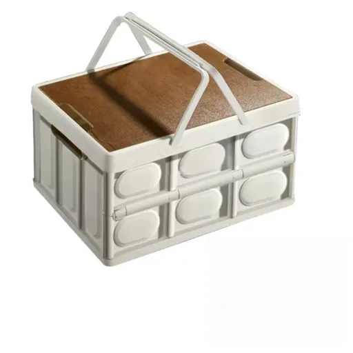 White Collapsible Medium Handle Storage Box with Wooden Table Top(42x28x23CM) - Car Trunk Organiser for Australian Camping & Home Use