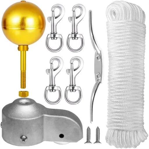 Flagpole Hardware Repair Parts Kit - White Aluminum Flag Pole Accessories with Mounting Clips - 8-Piece Set