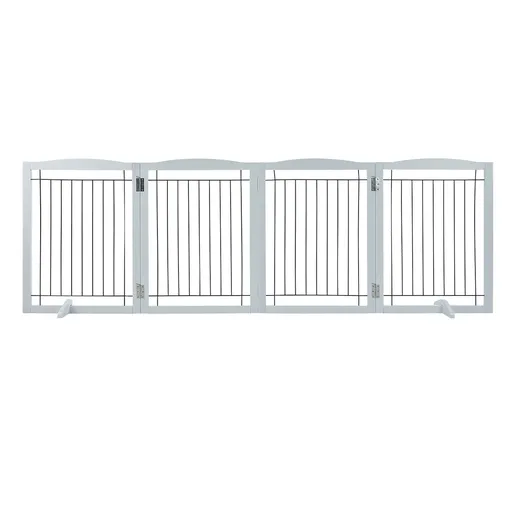 Free Standing Dog Gate, 32" H x 96.5" W Freestanding Pet Gate, 4 Panels Foldable Dog Gate for Wide and Narrow Passageways, Expandable Dog Barrier with Silent Foot Support for Indoor, White